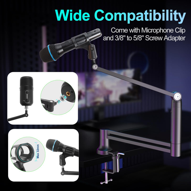 Boom Arm, Low Profile Microphone Stand for Blue Yeti, Mic Arm Microphone Arm with 3/8" to 5/8" Adapter Holds Up to 3.3lbs