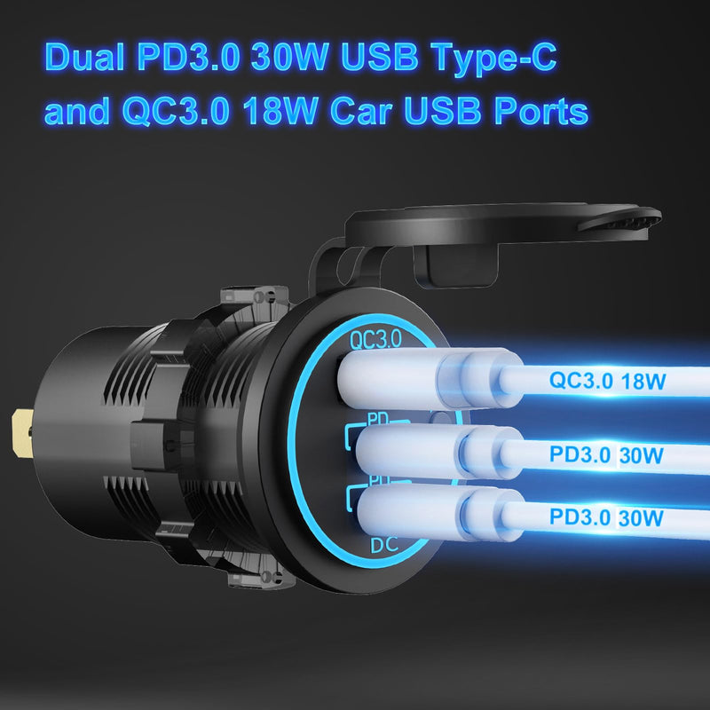12V USB Outlet Wire USB Charger Multi Port, 3-Port Marine USB Fast Charger Waterproof Cigarette Outlet USB Replacement Aluminum
