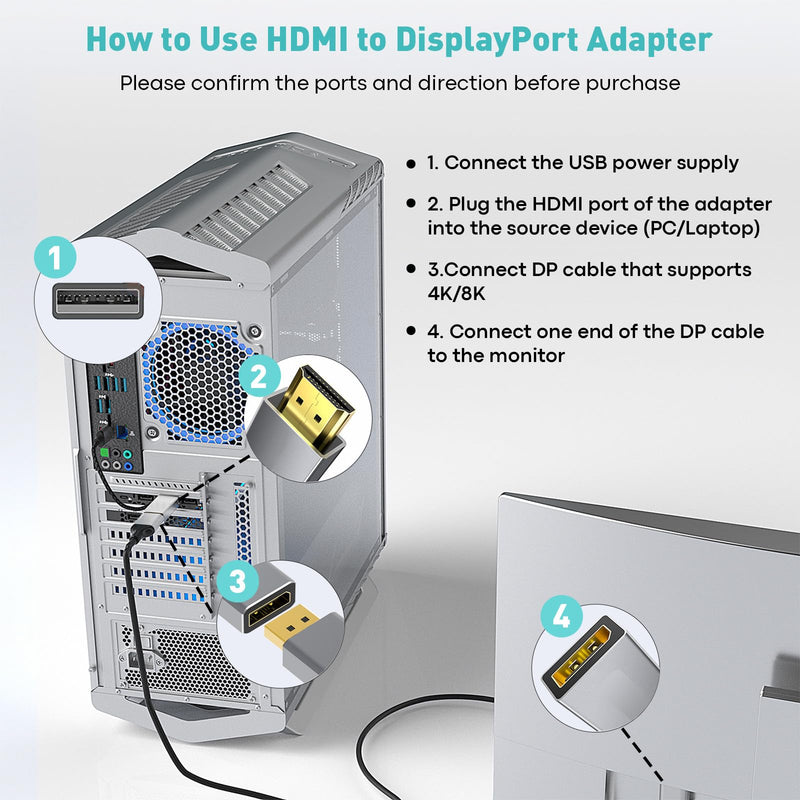 HDMI to DisplayPort Adapter (4K 60Hz,1080p 120Hz) Uni-Directional HDMI Male to DP Female Converter for Monitor Compatible with GPU,Laptop,AMD,NVIDIA,PS5,Xbox and More - 1 Pack 1.96 inch