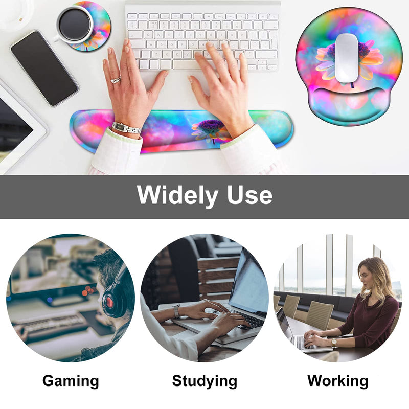 Ergonomic Mouse Pad and Keyboard Wrist Rest Set, Non Slip PU Base Easy Typing Pain Relief Gaming Mousepad with Coaster 3-in-1 Combo for Computer Laptop Home Office, Pink Watercolor Flower 3 Pcs Set