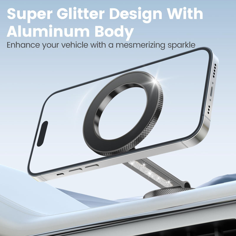 Pikabo Phone Holders for Your Car, Glitter Black | Dashboard Windshield Car Phone Holder Hands Free Phone Mount for Car Compatible with iPhone MagSafe Accessories