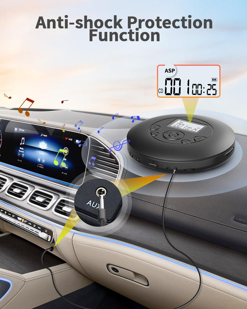 Portable CD Player for Home & Car-Rechargeable Discman CD Player with Anti-Skip, Large Backlit Screen, AUX Cable and Headphones, Supports CD/MP3/WMA/TF Card Black