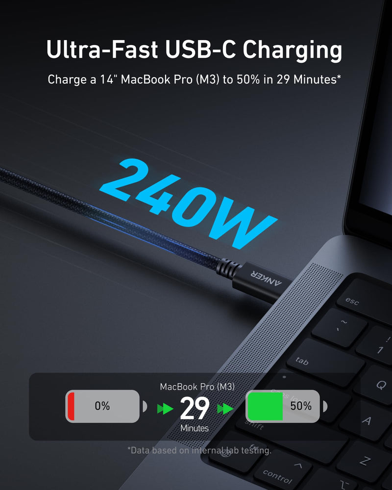 Anker Prime Thunderbolt 4 Cable, 3.3ft USB-C to USB-C Cable, 240W Charging | 40Gbps Data Transfer, Supports 8K/4K Displays, for iPhone 16, MacBook Air, iPad, Samsung (Thunderbolt 4-Certified) Black