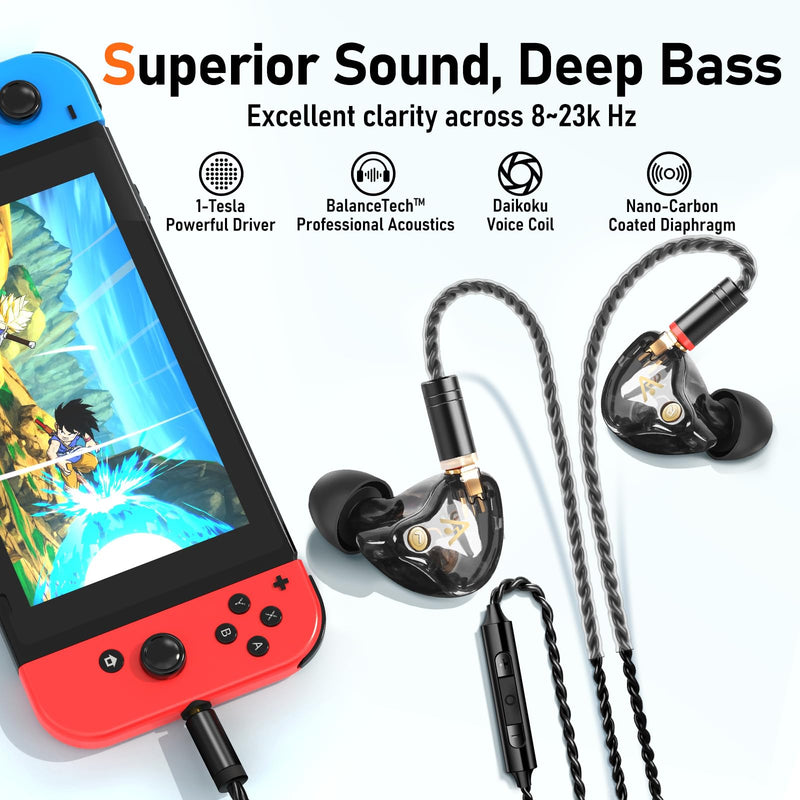 [AUSTRALIA] - Vibes 202M Wired Earbuds - HiFi in Ear Monitor Headphones - Noise Isolating Ear Buds w/ Mic - Clear Sound, Deep Bass & Comfort-Fit Gaming Earphones - MMCX to 3.5mm & Silver Plated Cord, Carrying Case 3.5mm & Mic 1-Black 