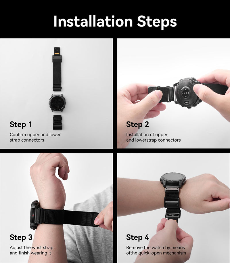 Aulumu C11 for Garmin Watch Band 26MM | Mag Buckle Slim Band | Memory Quick Release | Velvet Nylon Braid | Stainless Steel Magnetic Clasp Silver Buckle Black Band