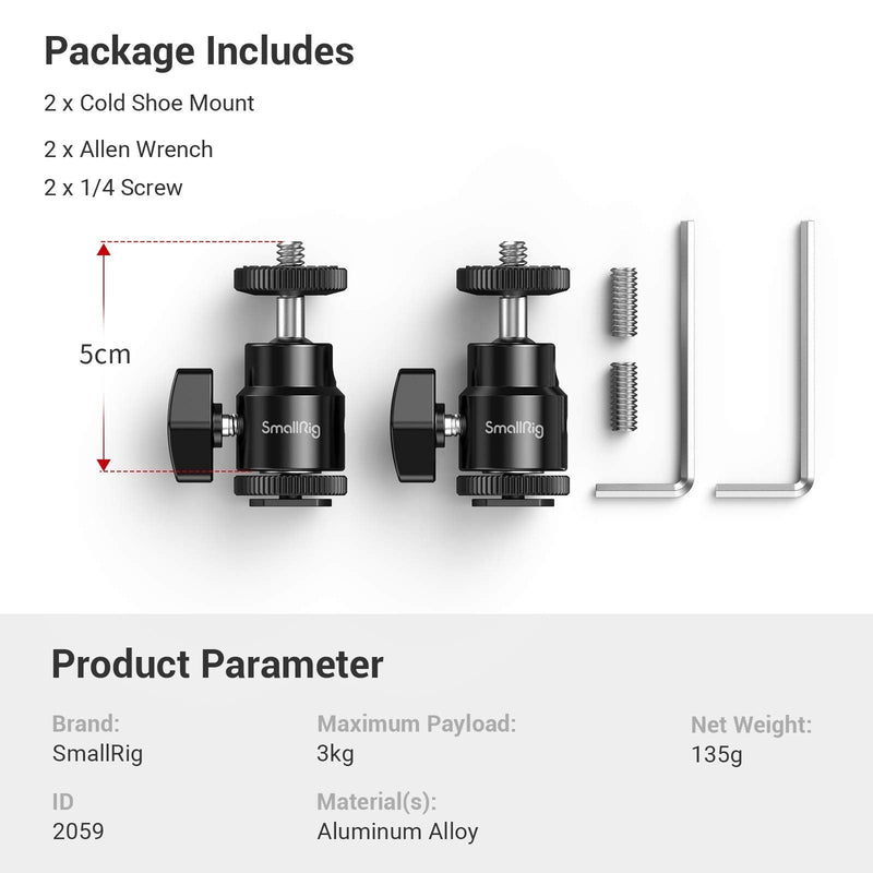SmallRig 1/4" Camera Hot Shoe Mount, Ballhead Tripod with Additional 1/4" Screw, 2pcs Pack - 2059 2 Pack