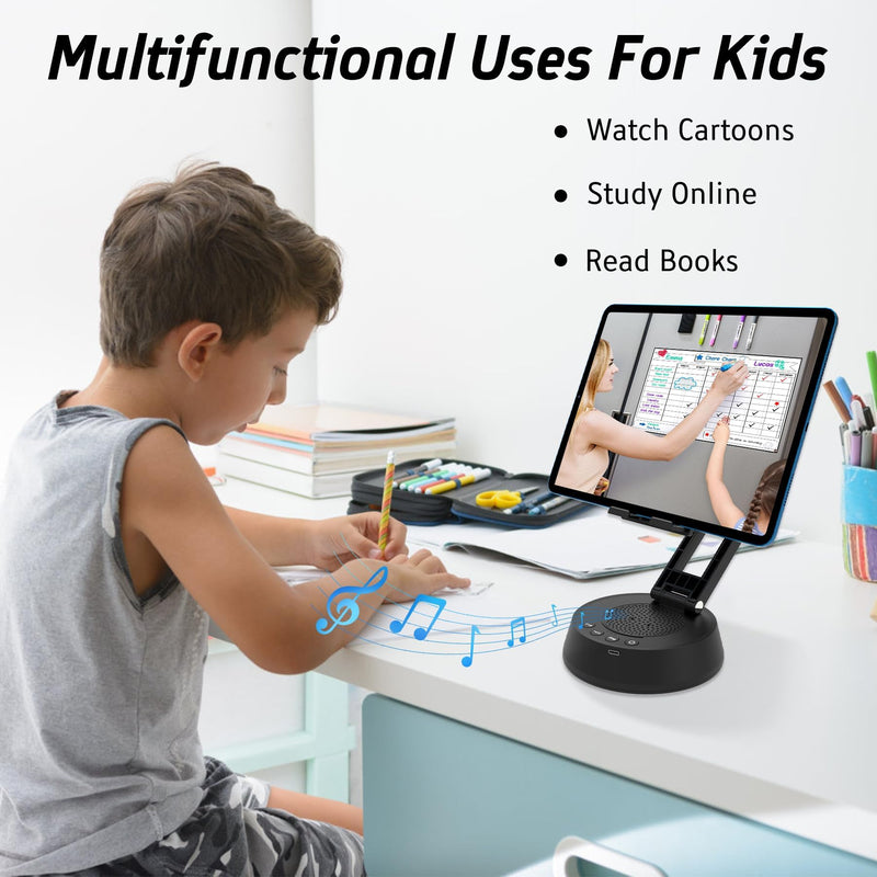 Cell Phone Stand with Wireless Bluetooth Speaker,Adjustable Height and Angle Phone Stand for Desk, HD Stereo Sound & Anti-Slip Base Phone Holder Speaker Compatible with iPhone,Gifts for Men Women Black