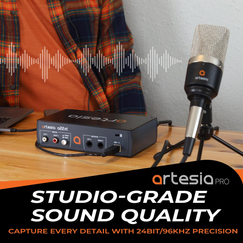 Artesia A22xt USB Audio Interface With 24Bit/96khz High-Resolution Recording, 48V Phantom Power, XLR Input, Professional Audio Interface for Music Production, Streaming, Podcasting
