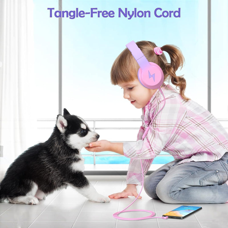 Candy Bila Wired Kids Headphones for School, Over-Ear for Boys Girls | Volume Limiter 85/94dB, HD Stereo Sound, Microphone and Wired Control, Foldable Design Gradient Blue, Gradient Purple