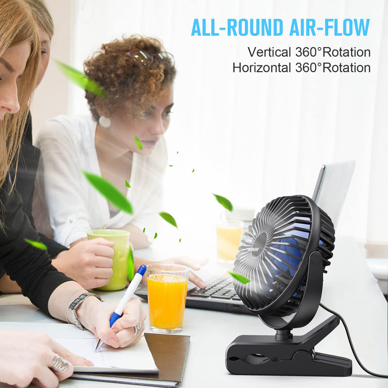 BESKAR USB Powered Clip on Fan, 6 Inch Portable Fan with Cord, 3 Speeds Strong Airflow, Small Fan with Sturdy Clamp, Quiet Personal Desk Fan & Clip Fan Black Blue Blades