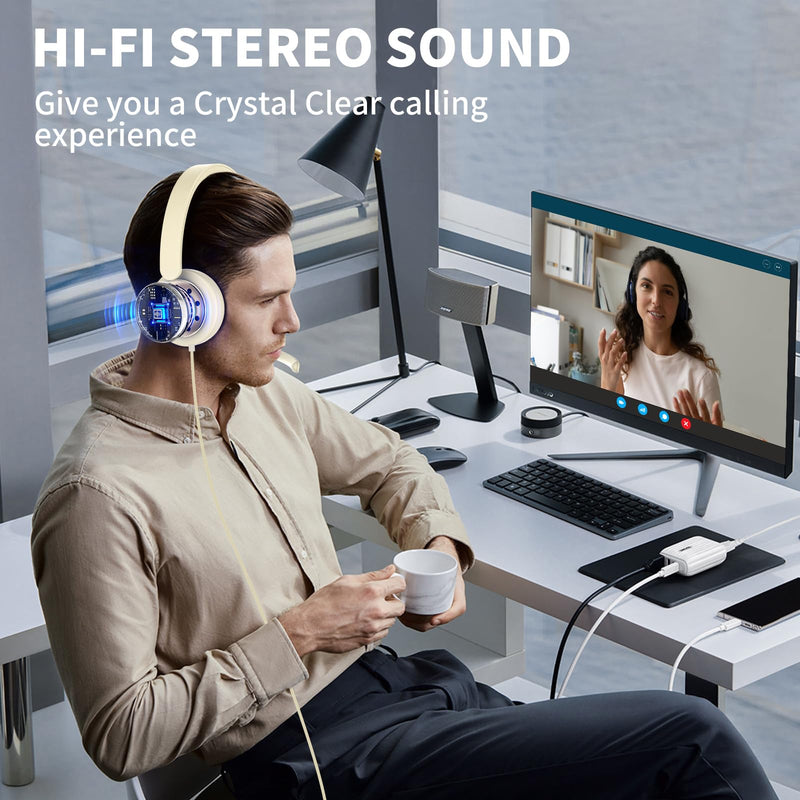 awatrue USB Headset with Microphone for PC, Computer Headset with Noise Canceling Microphone for PC Laptop, in Line Mute Controls, Wired Headset for Work from Home/Office/Call Center/Teams/Zoom Apricot