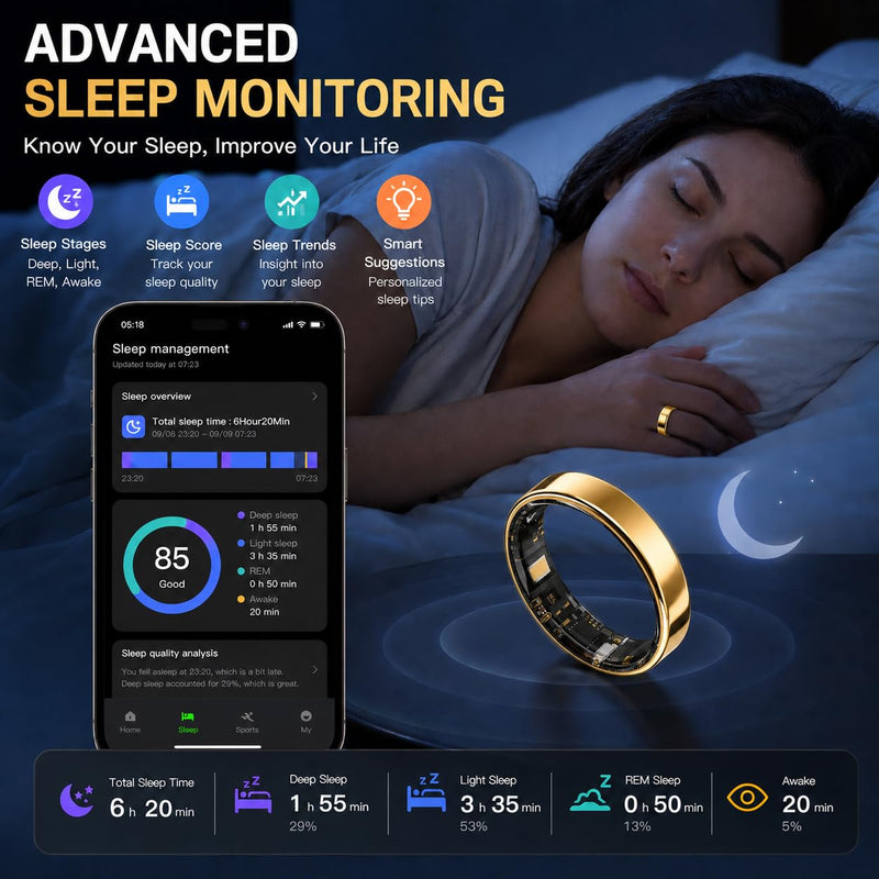 Smart Ring for Women Men, Ultra Thin Health Tracker Ring with Sleep Monitoring, Fitness Tracking, Heart Rate Sensor, Waterproof Wearable, No Subscription Fee, iOS & Android Compatible（Gold 11） Gold