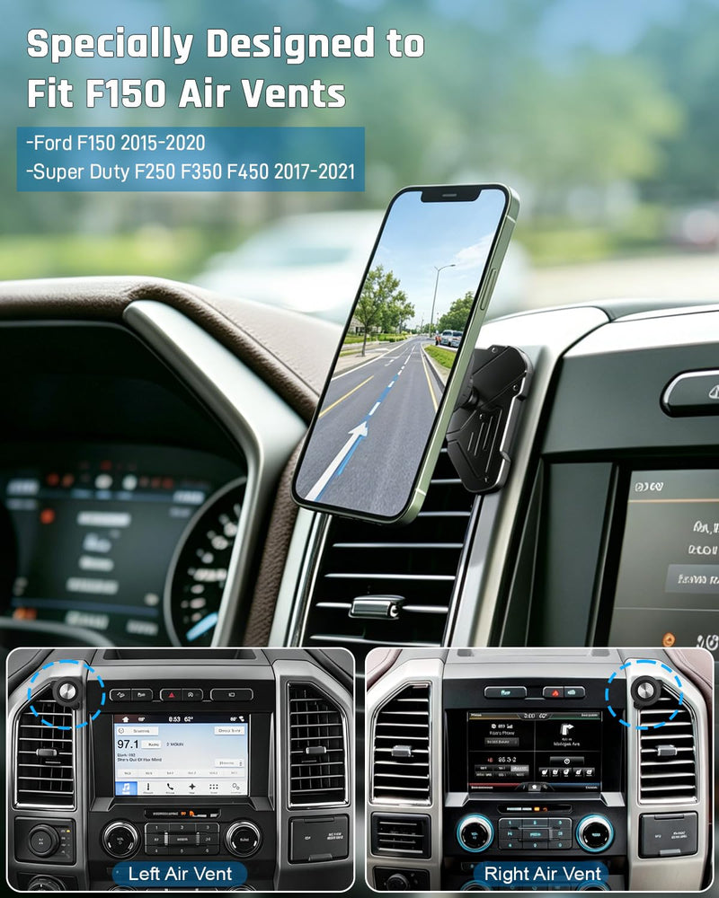 Car Vent Phone Holder for Ford F150 2015-2020 & Super Duty 2017-2021 | Expedition 2018-2021, CNC-Machined Aluminum Air Vent Mount with Magnetic and Spring Clamp Heads, 45° Adjustable Truck Bracket