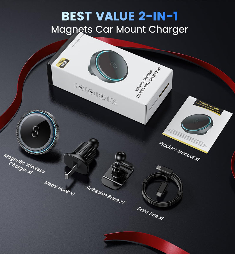 Magnetic Car Charger Mount 15W for iPhone 17-12 Pro Max | N52 Strong Magnets, 360° Rotation, Dashboard & Vent Mount, Compatible with Magnetic Cases, Gift for Men, Black CFBlack
