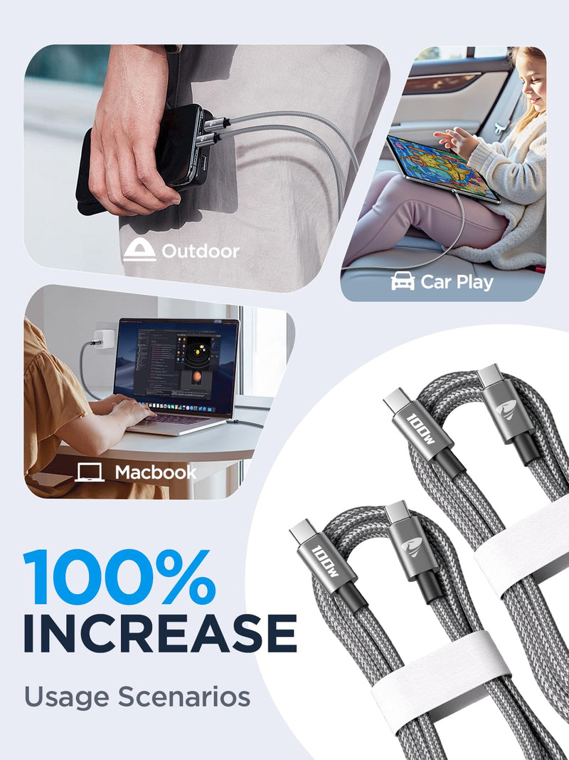 USB C to USB C Cable [2 Pieces 2 M + 2 M] 100 W USB C Cable PD Fast Charging Cable Nylon USB Type C Charging Cable for iPhone 16 Pro Max, iPhone 15, Samsung S24 S23 S22 S21, iPad Pro, MacBook Pro/Air, 2M+2M gray