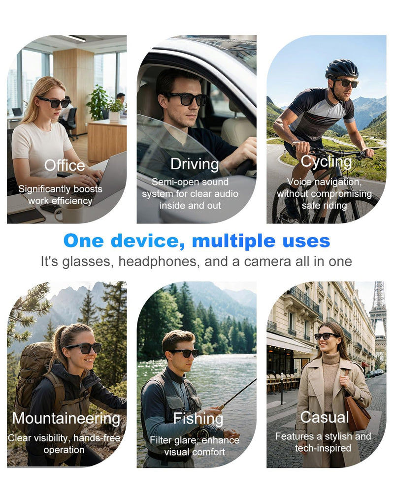 AI Smart Glasses with Camera and Bluetooth, 8MP 32GB 1200P HD Cam Glasses | Supports Photo/Video/Audio Recording, Real-Time Translation, Voice Assistant, Object Recognition for Life Work Vlog Black frame + Black lens