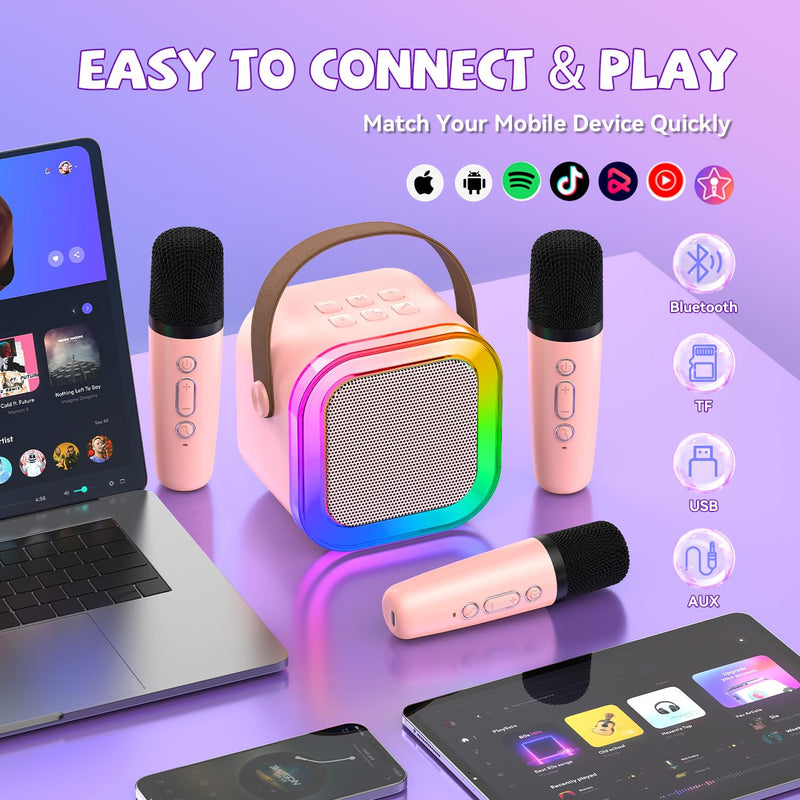 Upgraded Mini Karaoke Machine with 3 Wireless Microphones for Kids Girls Boys - Karaoke Party Speaker Christmas Birthday Gifts for 4 5 6 7 8 9 10 11+ Year Old - Kids' Instrument Accessories - Pink 3MIC-PINK