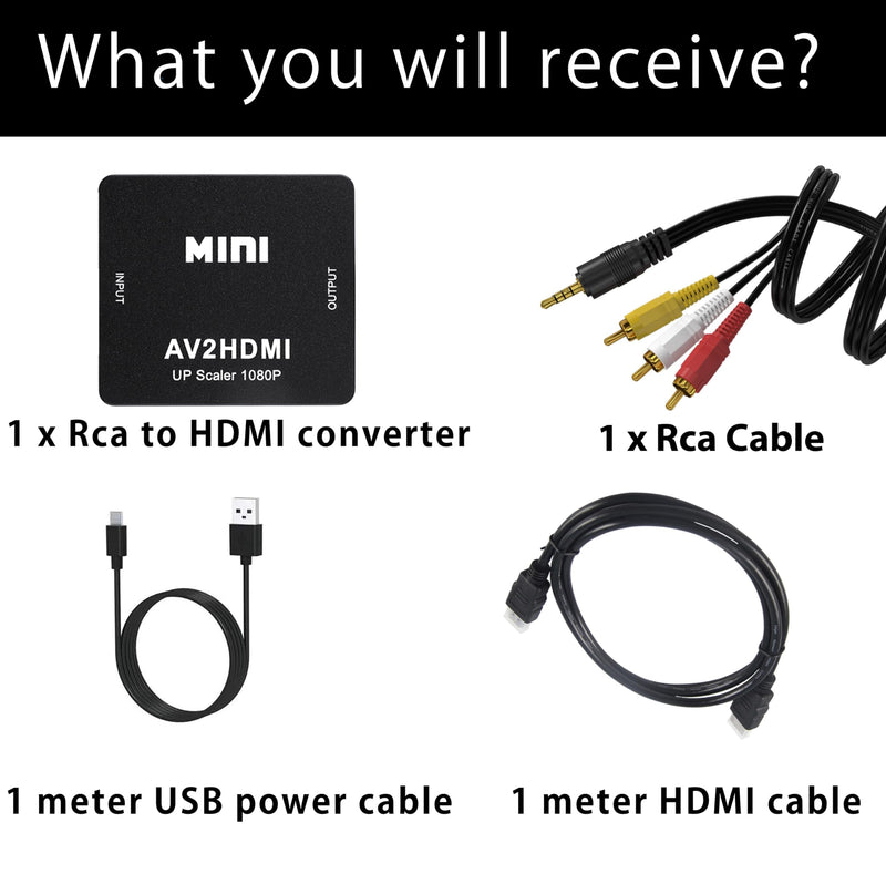 RCA to HDMI Converter, 1080P RCA Composite CVBS AV to HDMI Video Audio Adapter Compatible with N64 Wii PS2 Xbox VHS VCR Camera DVD (RCA Adapter + HDMI Cable + RCA Cable) 3 in 1