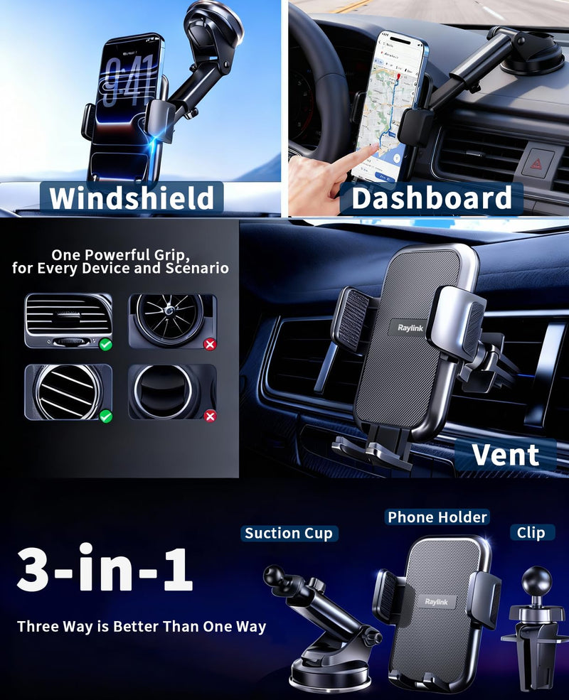 NO.1 Best【Fixed Integrated 122lb】Military-Grade Car Phone Holders Windshield Dashboard Vent【Upgraded Suction & Clip】Cell Phone Mount with Patent & Safety Certs for iPhone 17 Pro Max 16 15 Samsung Four-claw panel + duckbill clip