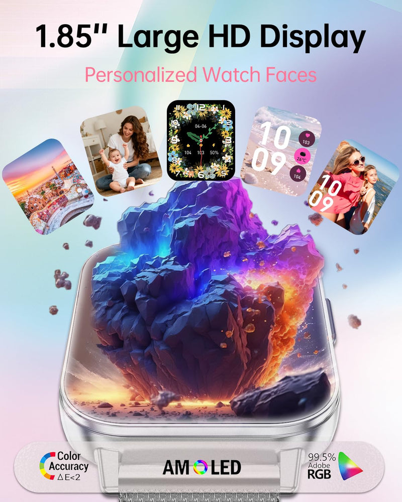 Smart Watch for Women with Bluetooth Call, 1.85" Fitness Tracker, Silver | 1000mAh Long Battery Life, Heart Rate SpO2 Sleep Monitor, Health Cycle Tracker, 120+ Sports, 4 Bands, Android iOS Compatible