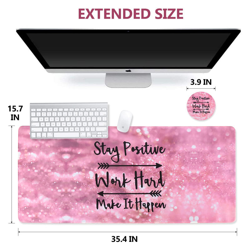 Inspirational Quote Mouse Pad, DINKY Stable Non-Slip Rubber Base Mousepads, Large Mouse Mat with Stitched Edge, Keyboard Mouse Mat Desk Pad for Office, Home(Pink Stay Positive) Pink Stay Positive