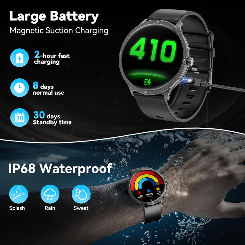 Smart Watches for Women Men, 1.75" AMOLED Smart Watch with Bluetooth Calling, Fitness Tracker with Heart Rate Sleep Monitor, IP68 Waterproof, 100+ Sports Modes, Compatible with iPhone Android Black