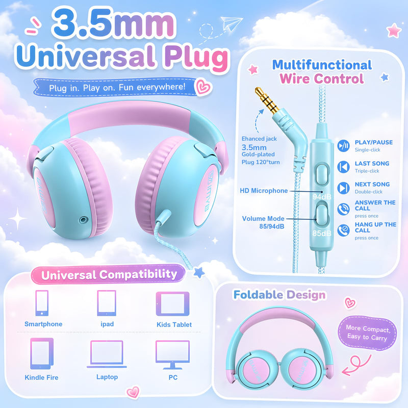 IMYB V8 Kids Headphones for School, Wired HD Mic 3-15 Year for Girls Boys | 85/94dB Volume Limit Safe Over-Ear Toddlers Durable Foldable Cord for iPad Tablet PC, Travel Airplane (Blue) Blue