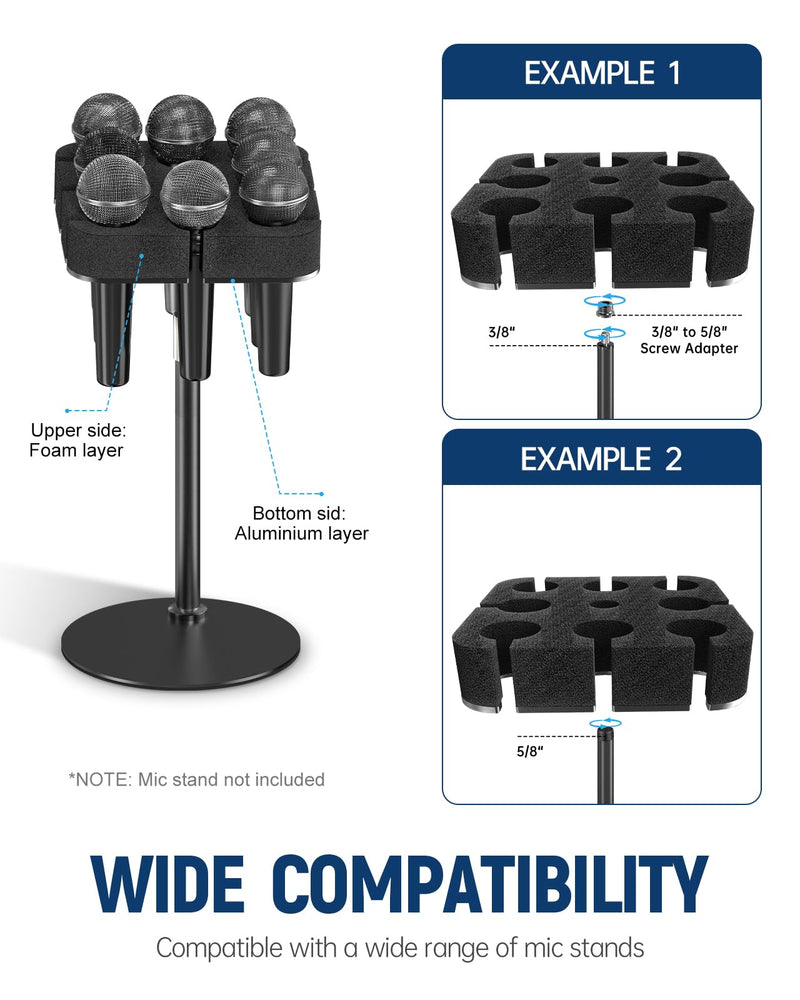 Multi Microphone Holder[Thickened aluminum/Customized] for Mic Stand holds up to 8 mics Multiple Mic Holder for Organizer & Display for and Wireless Mics Mounts to 5/8"-27 or 3/8"-16 Threaded Stands