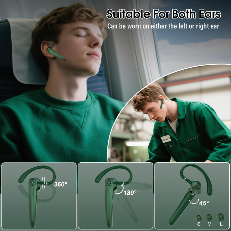 Bluetooth Headset, Wireless Bluetooth Earpiece with ENC Noise Canceling Mic, 120Hrs Talk Single-Ear Headphones, LED Display, IPX7, V5.4 Hand-Free Earphone for Business/Trucker/Driver (Dark Green)