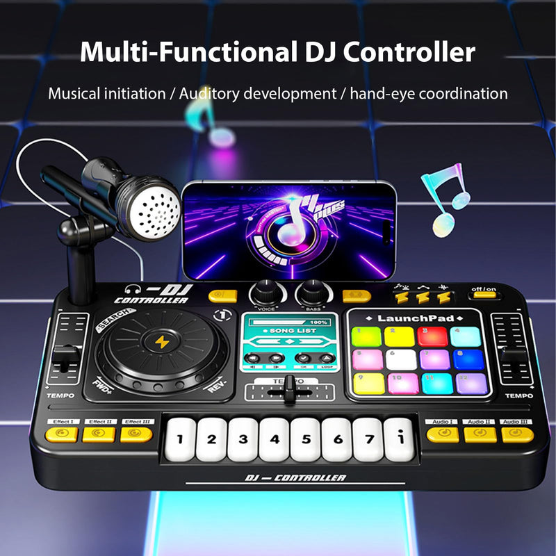 Kids DJ Controller DJ Mixer Table DJ Equipment with BT 5.0 Adjustable Microphone 8 Electronic Keyboard Buttons 3 Disc Sound Effects 12 MIDI Songs Light-Up Whack-A-Mole Game Black