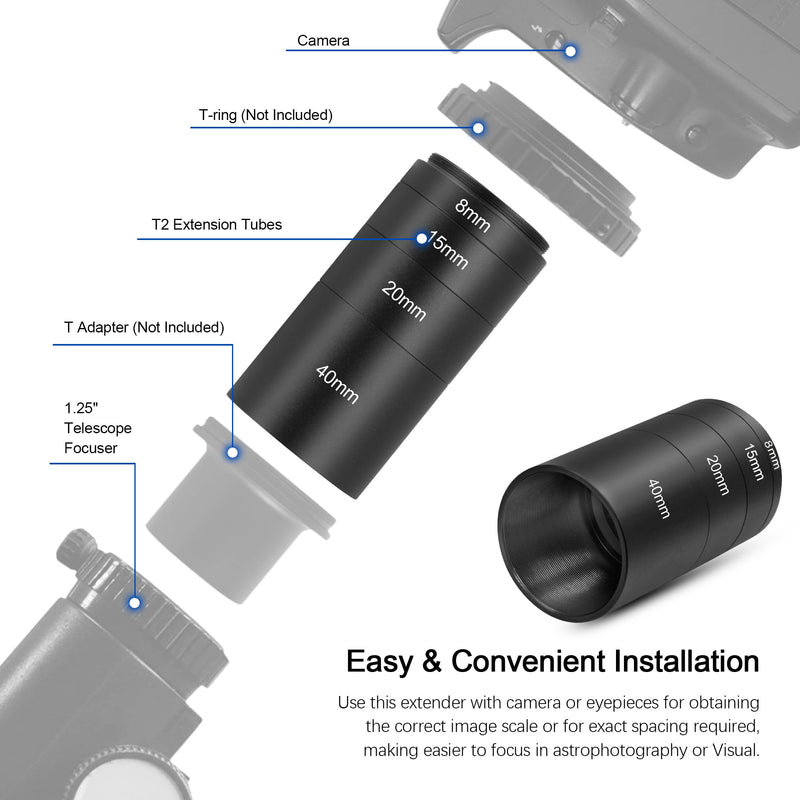 [AUSTRALIA] - Astromania Extension Tube, T2 Extension Tube Kit with M42x0.75 on Both Sides - Length 8mm 15mm 20mm 40mm, Telescope Photo Adapter Astrophotography Accessories Fit for M42 T2 T Ring DSLR/SLR Cameras 
