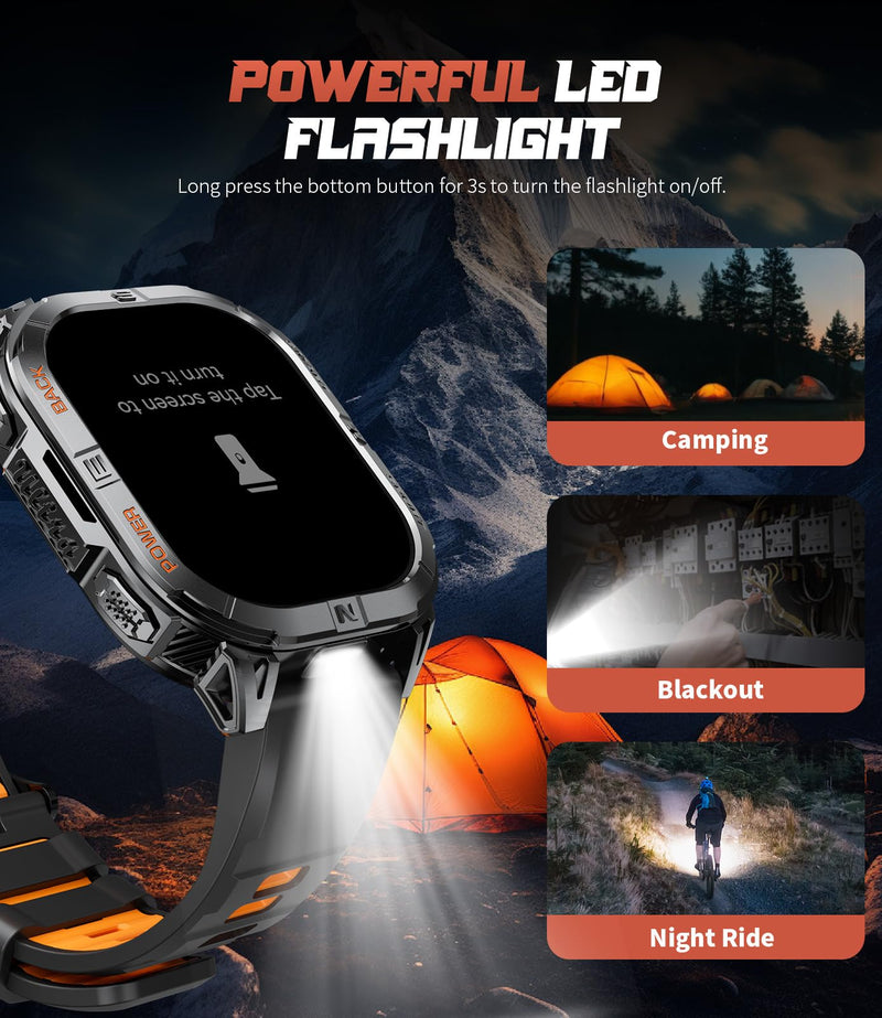 SUNKTA Smart Watches for Men(Answer/Dial Calls),2.01" Ultra Large HD Smartwatch with 60 Days Extra-Long Battery/Heart Rate/Sleep Monitor/Flashlight/2 Straps,Rugged Fitness Watch for iOS/Android Black