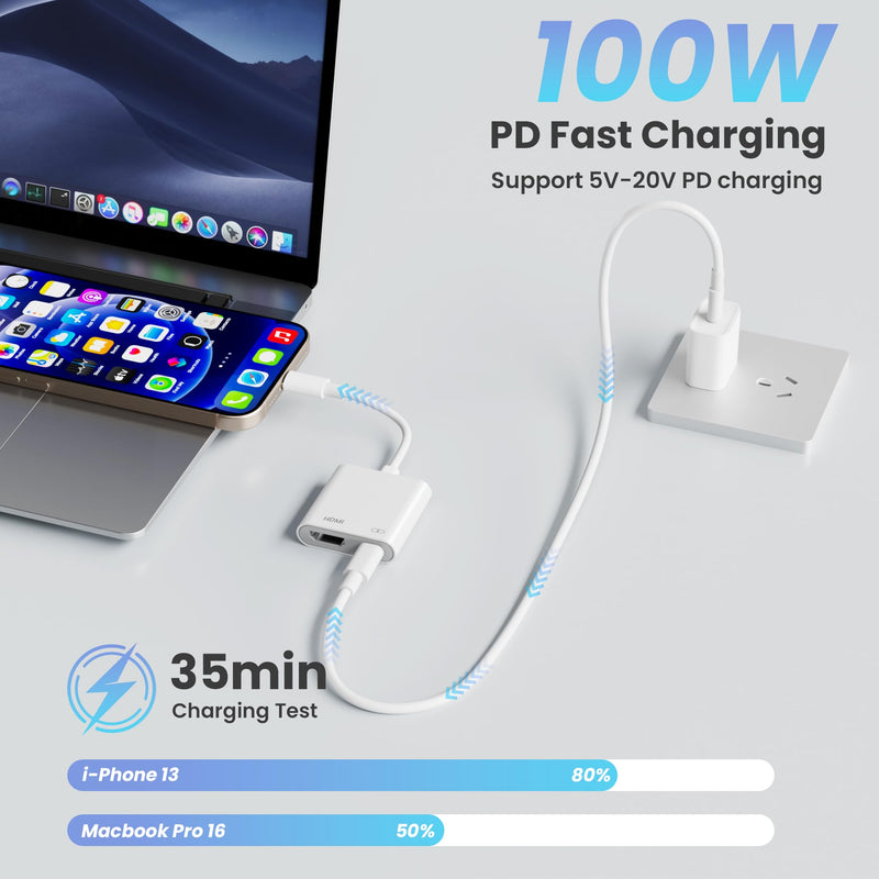 USB C to HDMI Adapter for iPhone 17 16 15 to TV, 4K@60Hz iPhone USB C to HDTV Adapter with 100W Fast Charging Port, MFi Certified iPhone Dongle USB C to Hdmi for iPad/TV/Projector/Monitor