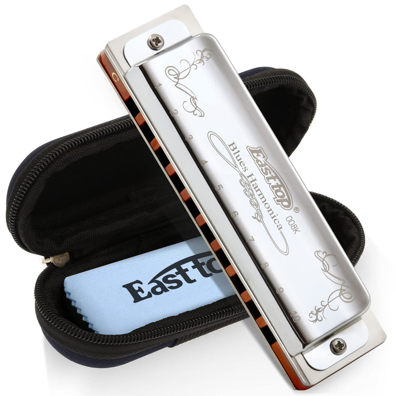 East top Harmonica Key of C 10 Holes 20 Tones 008K Blues Diatonic Mouth Organ with Silver Cover, Deluxe Harmonica C For Adults, Professionals and Students as gift silver-C