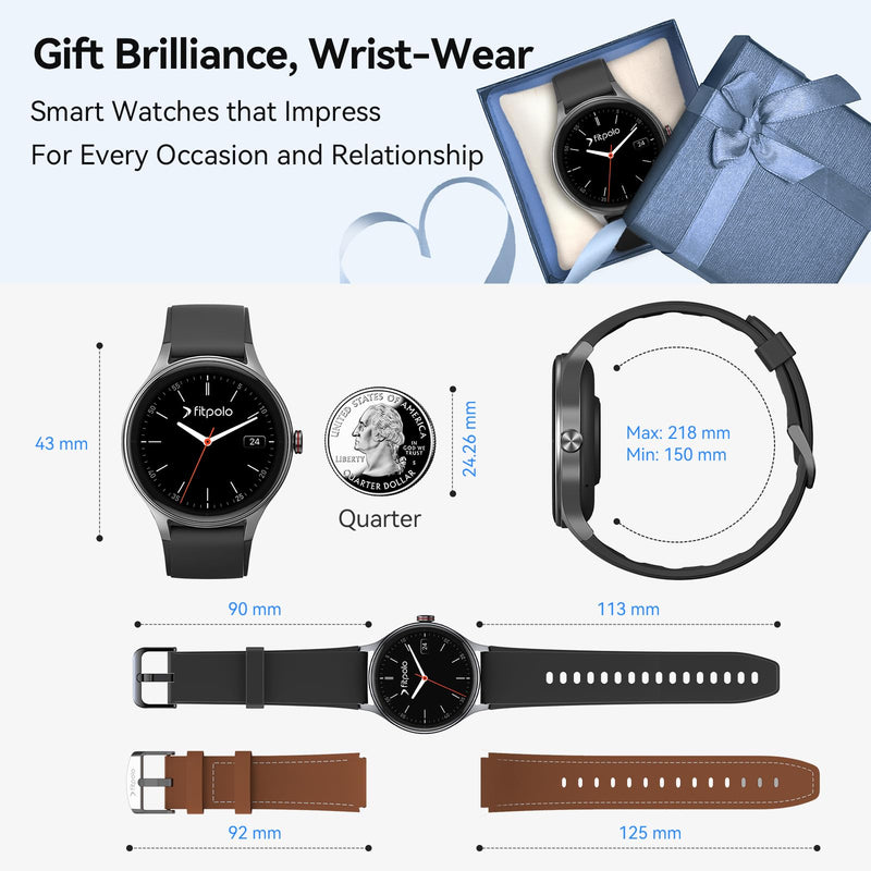 Smart Watches for Men/Women (2 Bands), 1.27“ Round Smartwatch Fitness Tracker with Bluetooth Calls (Make/Answer), Heart Rate/SpO2/Sleep Monitor, 12 Days Battery, IP68 Waterproof