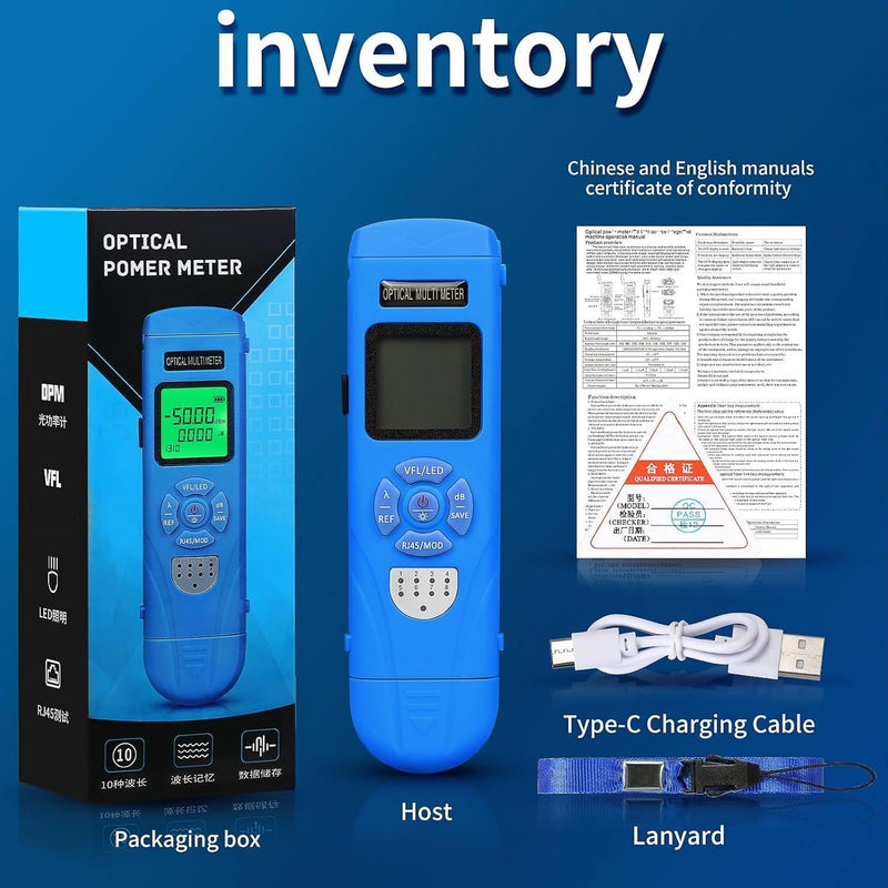 [AUSTRALIA] - Rechargeable Fiber Light Power Meter L-C50 (-50~+26dBm) Mini Fiber Optic Tester SC/FC/ST/LC Interface, Built-in Visual Fault Locator and RJ45tester with 1 FC-LC Adapter blue L-C50 15 