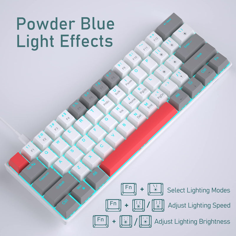 60% Mechanical Gaming Keyboard, Grey&White Gaming Keyboard with Hot Swappable Linear Red Switches, Wired Detachable Type-C Cable Mini Keyboard with Powder Blue Backlight for Windows/Mac/PC/Laptop grey&white with hot swappable red switch