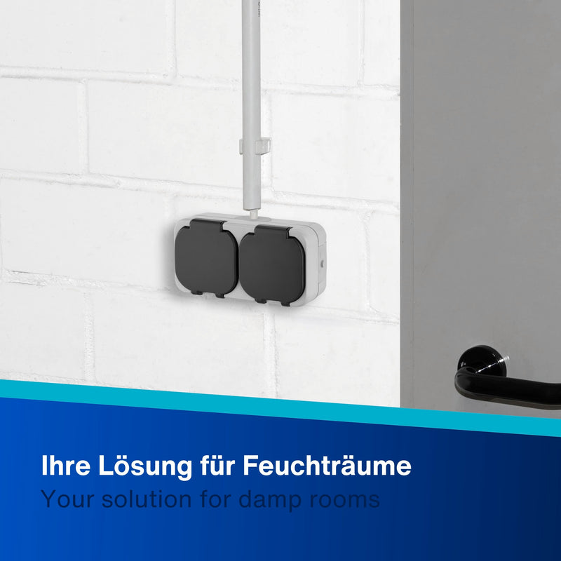 REV AquaTop Wet Room Socket, IP44, Single Pole, Pre-Wired, Surface-Mounted, Grey 2-way socket pre-wired