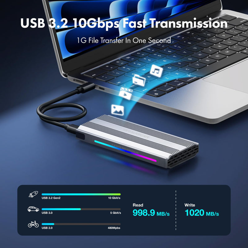 GRAUGEAR M.2 SSD NVMe Enclosure RGB, 10Gbps USB3.2 Gen2 Tool-Free Aluminum External M2 Solid State Drive NVMe Enclosure USB C, RTL9210 External Case for PCIe NVMe M-Key B+M Key [G-M901-AC-10G]