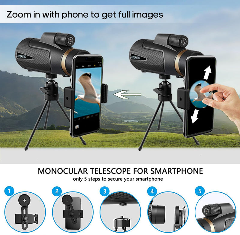 12×60 Monocular Telescope with Smartphone Holder & Upgraded Tripod, High Powered SMC & BAK4 Scope, Birthday Gifts for Men Dad Him Husband Teen, White Elephant Gift, Outdoors Survival Hiking Gear