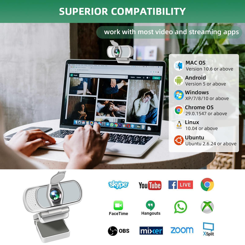 1080P Webcam with Mic, Pro Streaming Web Camera with Privacy Cover and Stand, Widescreen USB Computer Camera for PC Mac Laptop Desktop, USB C to USB Adapter Included White(New Upgraded) White Webcam with USB-C Adapter