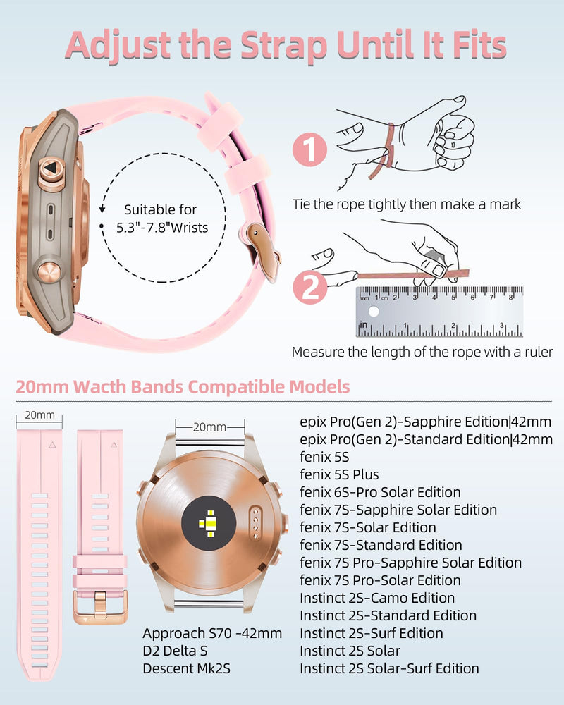 20mm Watch Band Replacement for Garmin fenix 5S/5S Plus/6S/7S/Instinct 2S/D2，Quick Fit silicone with rosegold buckle, WHITE and PINK Bundle