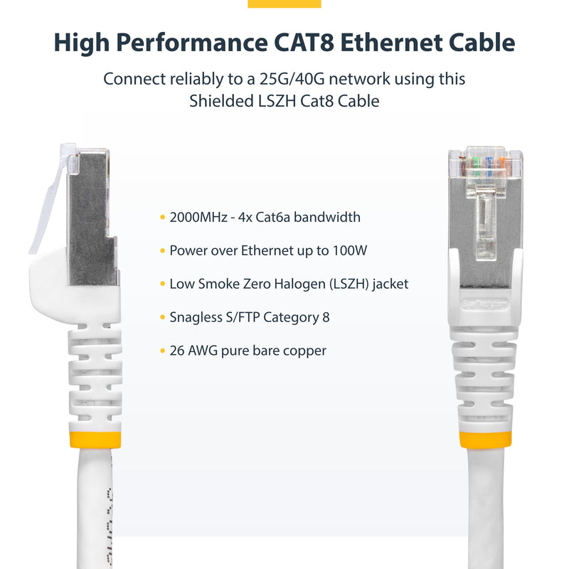 StarTech 20ft Cat8 Snagless Ethernet Cable, S/FTP, 100W PoE++, White, LSZH | 2000MHz bandwidth, 25G/40G speeds, 26AWG copper, LSZH, Gold-plated RJ45, Patch Cable, Ethernet Cord, Pure Bare 20 ft