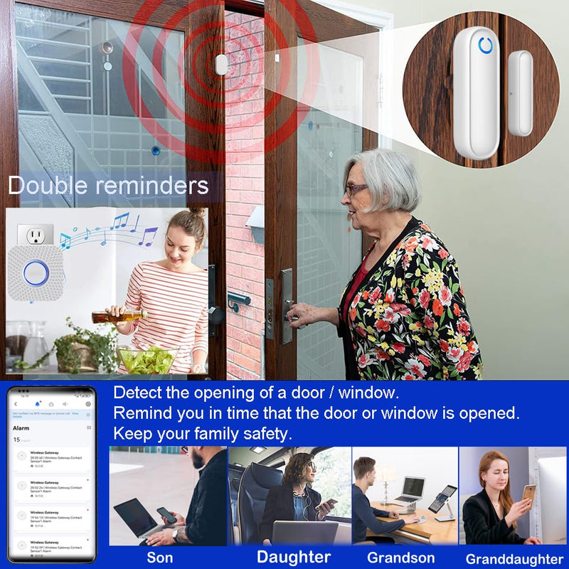 Caregiver Pager WiFi Door Alarms for Dementia Patients with Phone App,WiFi Smart Door Sensor Alarm for Kid Safety/Home Security/Elderly/Business/Store/Mailbox(2 Sensor 1 Gateway) Two Sensor 1 Wifi Receiver