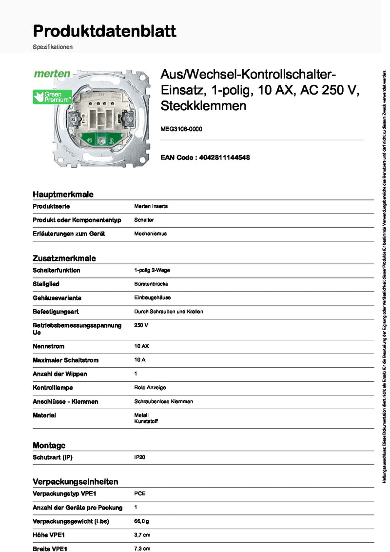 Merten MEG3106-0000 Two-way switch insert 1 pole with indicator light 10 AX, 250 V AC plug-in terminals Single