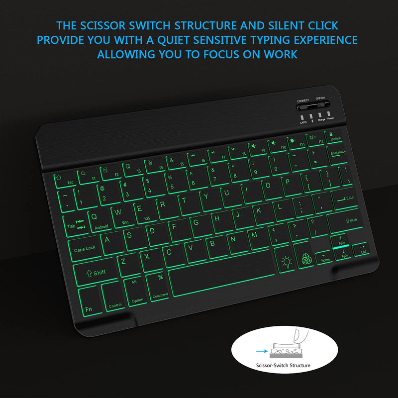 Backlit Bluetooth Keyboard Small Portable External Wireless Keyboard Cordless Rechargeable Illuminated for Android Tablet Cell Phone Smartphone iPad Pro Air Mini iPhone Windows Surface (Black) Black