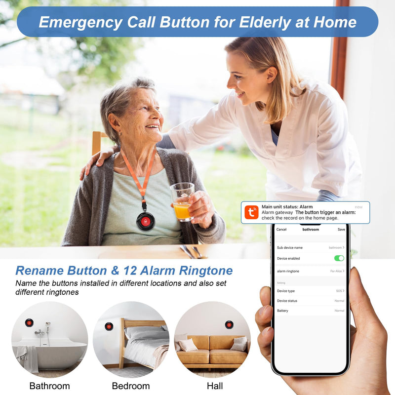 WiFi Smart Wireless Caregiver Pagers for Elderly Alert Button That Calls Cell Phone Caregiver Alert System with LED Number Display 2 SOS Call Button 1 Receiver(Only Supports 2.4GHz & No Monthly Fee) 2 Button & 1 Receiver