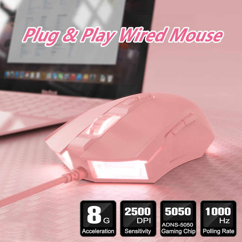 Lomiluskr AJ52 Gaming Mouse Wired, 7 Programmable Buttons, Computer Mice with RGB LED Backlit, 200-4800 DPI Adjustable,for Windows/Mac OS/Linux (Pink) Pink