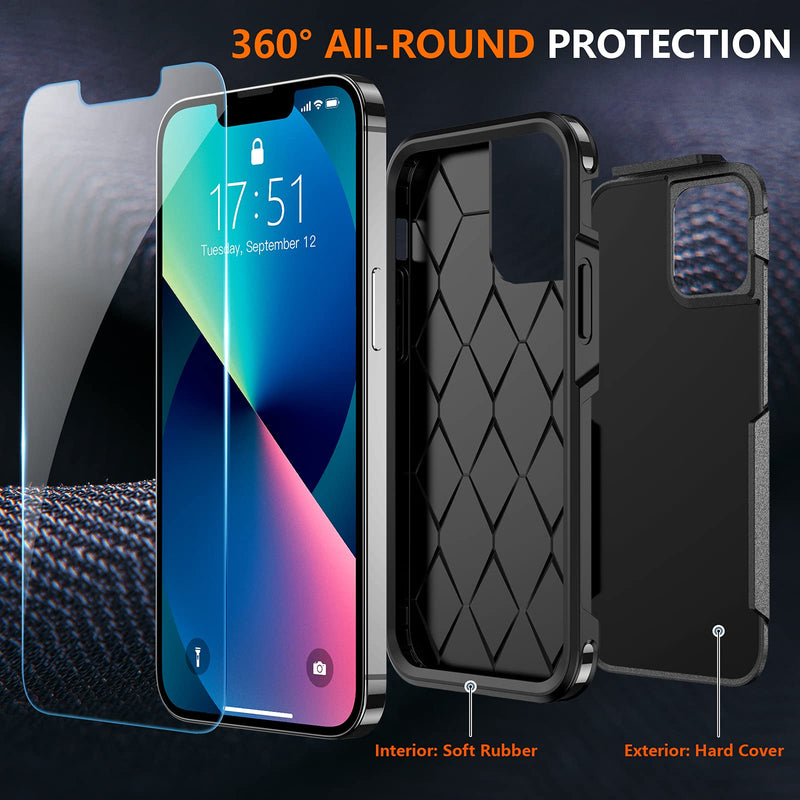 SPIDERCASE Designed for iPhone 13 Case/iPhone 14 Case, [10 FT Military Grade Drop Protection] [with 2 pcs Tempered Glass Screen Protector] Cover for iPhone 13 & 14 6.1 inch (Black) Black