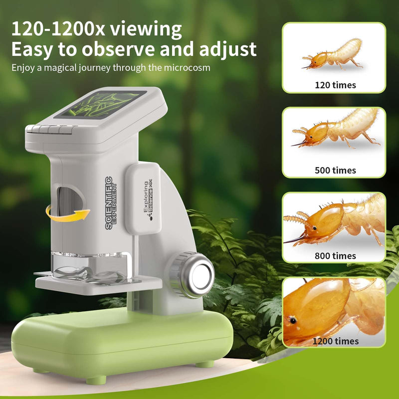 1200X Microscope for Kids 4K with 2 inch Screen STEM Digital Science Kit Rechargeable Handheld Mini Pocket Children Students Slides Portable Gift for Kids Ages 6 to 12 (Green) Green